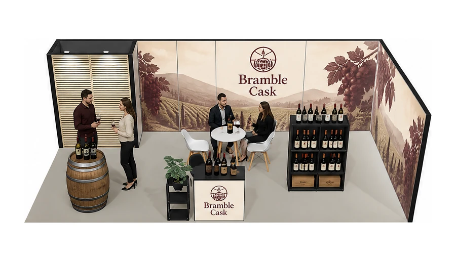 Stoisko 8 × 4 m narożne prawe dla branży winnica, przykładowa marka Bramble Cask
