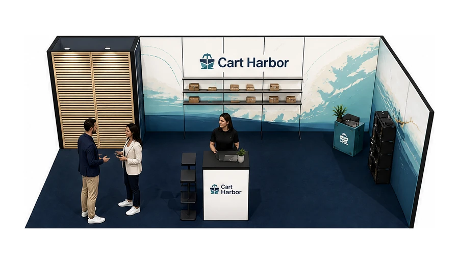 Stoisko 8 × 4 m narożne prawe dla branży e-commerce, przykładowa marka Cart Harbor
