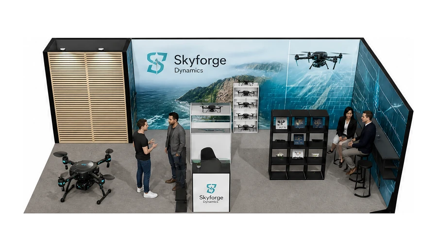 Stoisko 8 × 4 m narożne prawe dla branży drony i robotyka, przykładowa marka Skyforge Dynamics