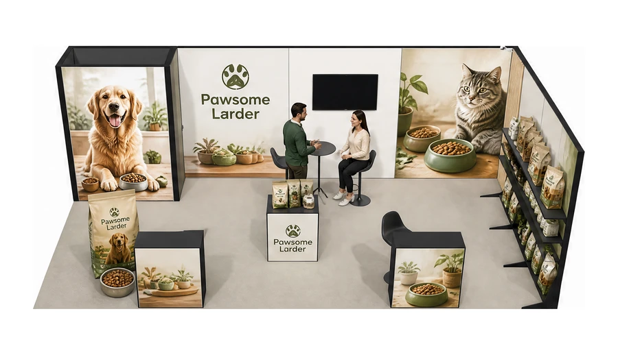 Stoisko 8 × 4 m narożne prawe dla branży karma dla zwierząt, przykładowa marka Pawsome Larder