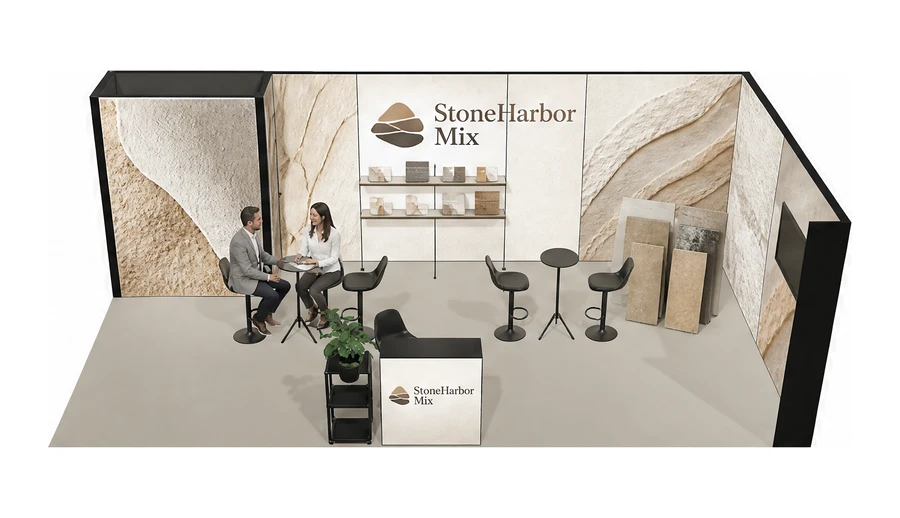 Stoisko 8 × 4 m narożne prawe dla branży materiały budowlane, przykładowa marka StoneHarbor Mix