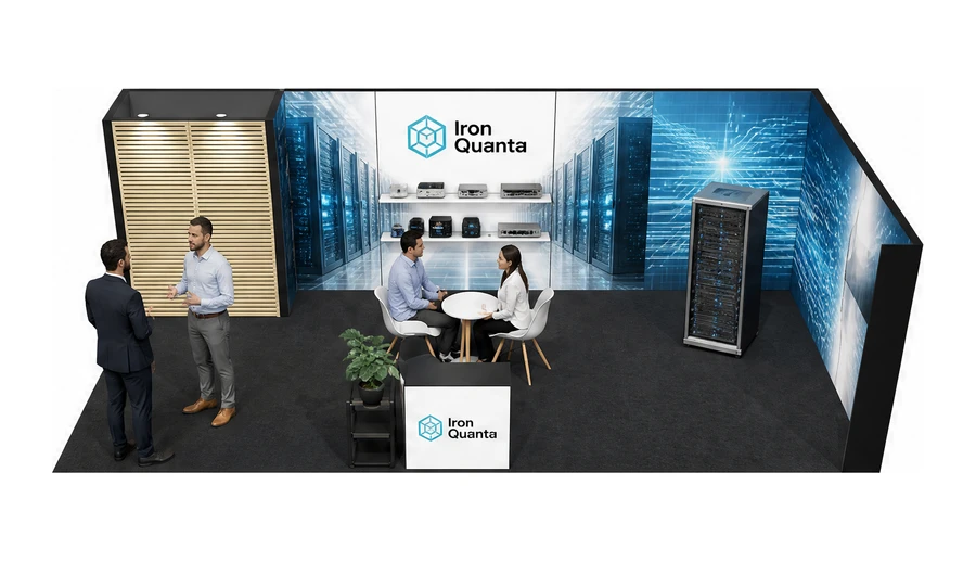 Stoisko 8 × 4 m narożne prawe dla branży infrastruktura IT i data center, przykładowa marka Iron Quanta