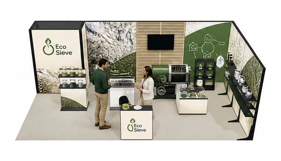 Stoisko 8 × 4 m narożne prawe dla branży recykling i ochrona środowiska, przykładowa marka Eco Sieve
