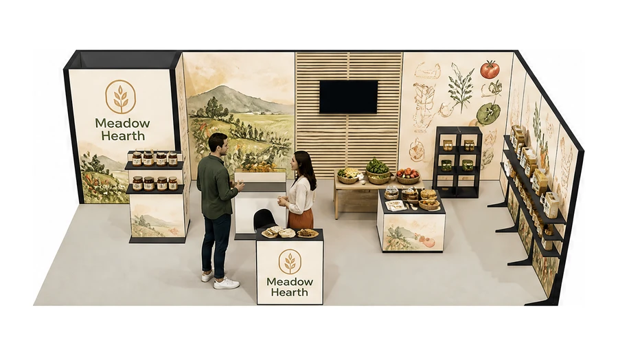 Stoisko 8 × 4 m narożne prawe dla branży żywność ekologiczna, przykładowa marka Meadow Hearth