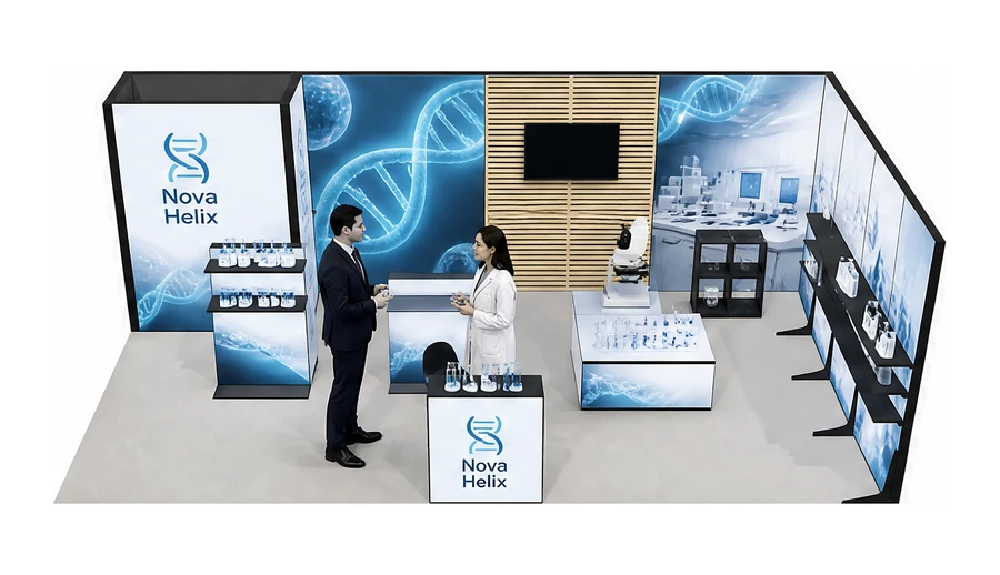 Stoisko 8 × 4 m narożne prawe dla branży farmacja i biotechnologia, przykładowa marka Nova Helix