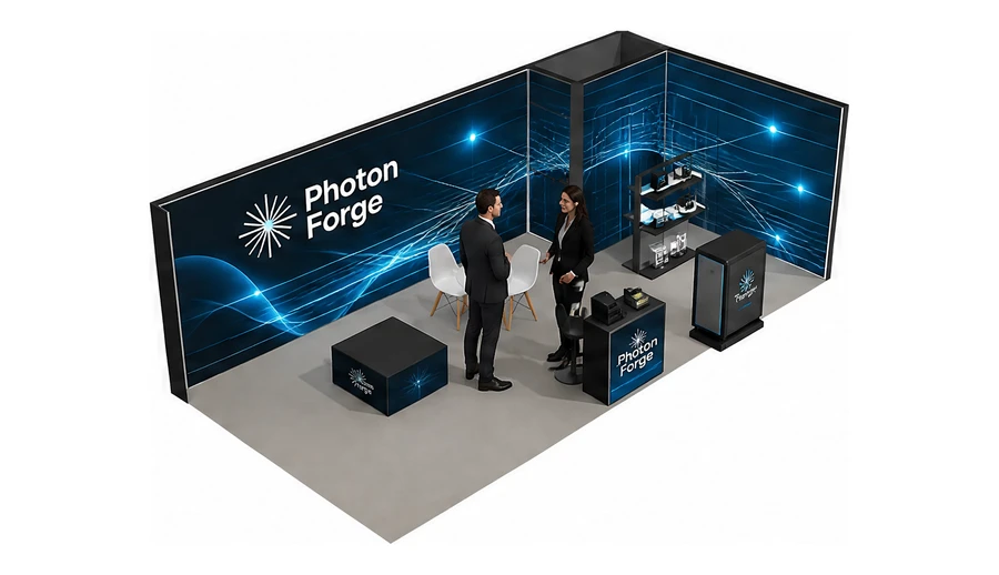 Stoisko 8 × 4 m narożne prawe dla branży technika laserowa i fotonika, przykładowa marka Photon Forge
