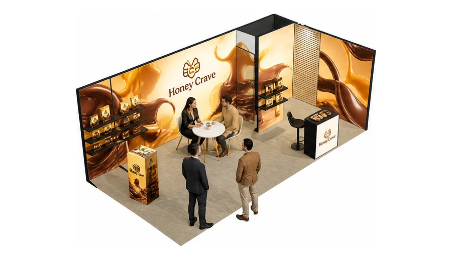 Stoisko 8 × 4 m narożne prawe dla branży słodycze i przekąski, przykładowa marka Honey Crave