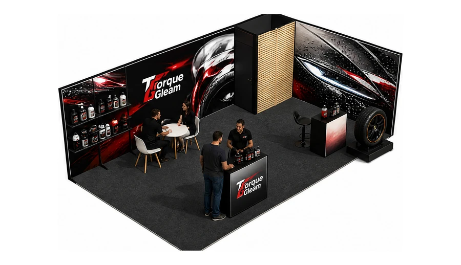 Stoisko 8 × 4 m narożne prawe dla branży tuning i detailing, przykładowa marka Torque Gleam