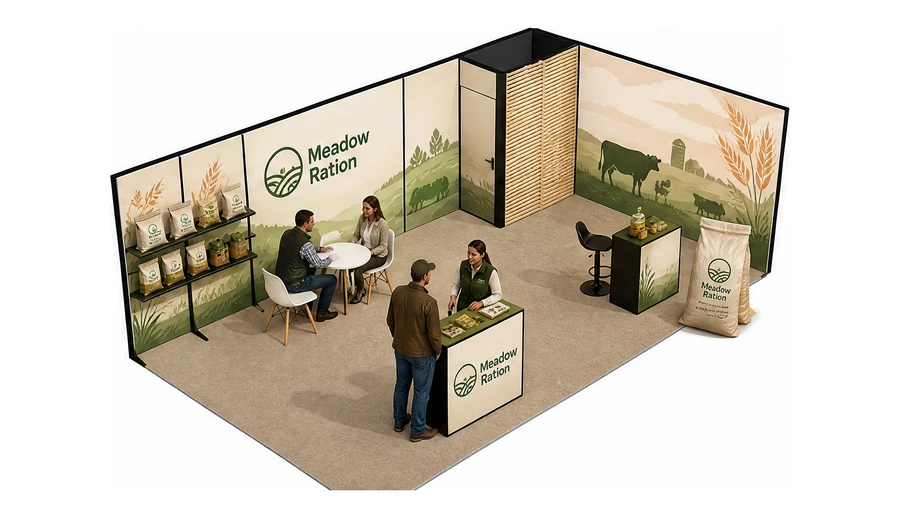 Stoisko 8 × 4 m narożne prawe dla branży hodowla i pasze, przykładowa marka Meadow Ration