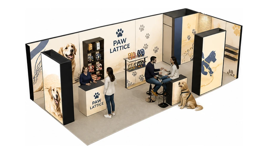 Stoisko 8 × 4 m narożne prawe dla branży akcesoria dla zwierząt, przykładowa marka Paw Lattice