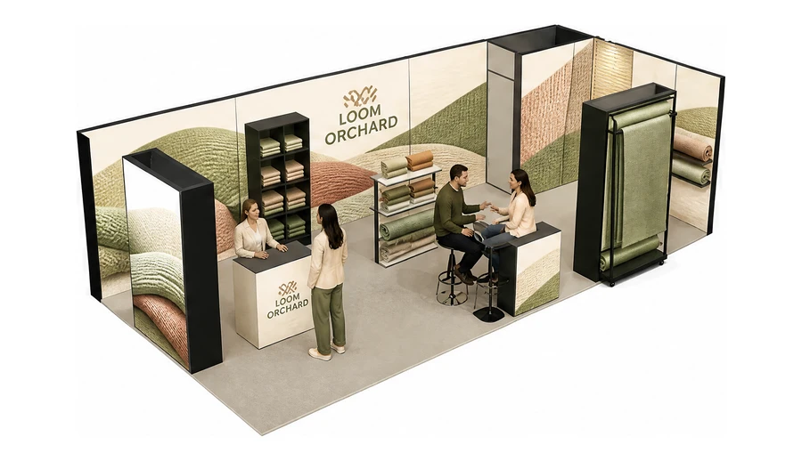 Stoisko 8 × 4 m narożne prawe dla branży tekstylia i tkaniny, przykładowa marka Loom Orchard