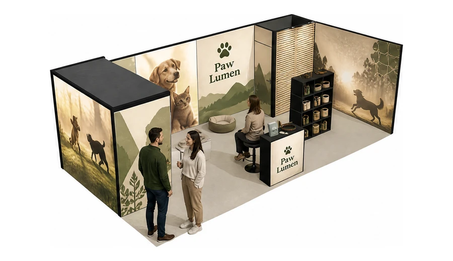 Stoisko 8 × 4 m narożne prawe dla branży akcesoria dla zwierząt, przykładowa marka Paw Lumen