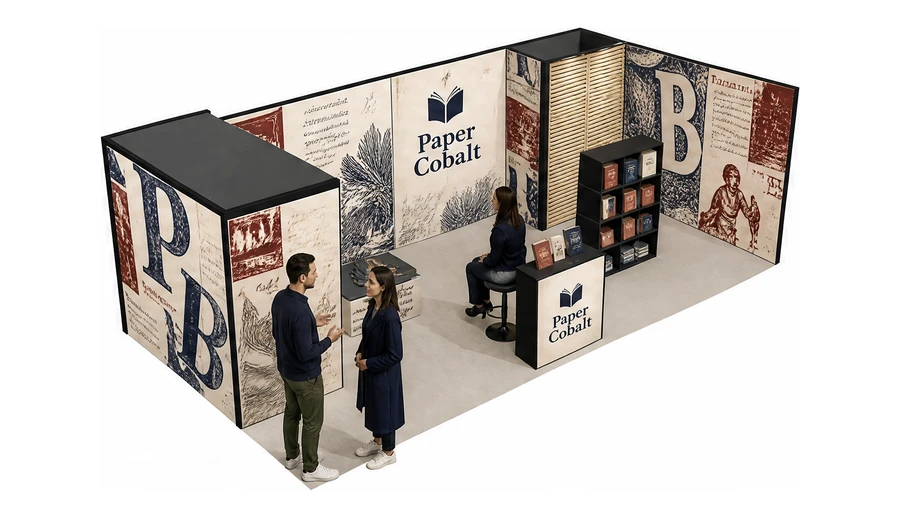 Stoisko 8 × 4 m narożne prawe dla branży wydawnictwa, przykładowa marka Paper Cobalt