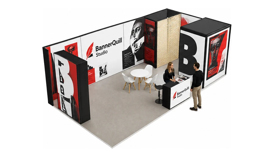 Stoisko 8 × 4 m narożne prawe dla branży reklama i druk, przykładowa marka BannerQuill Studio