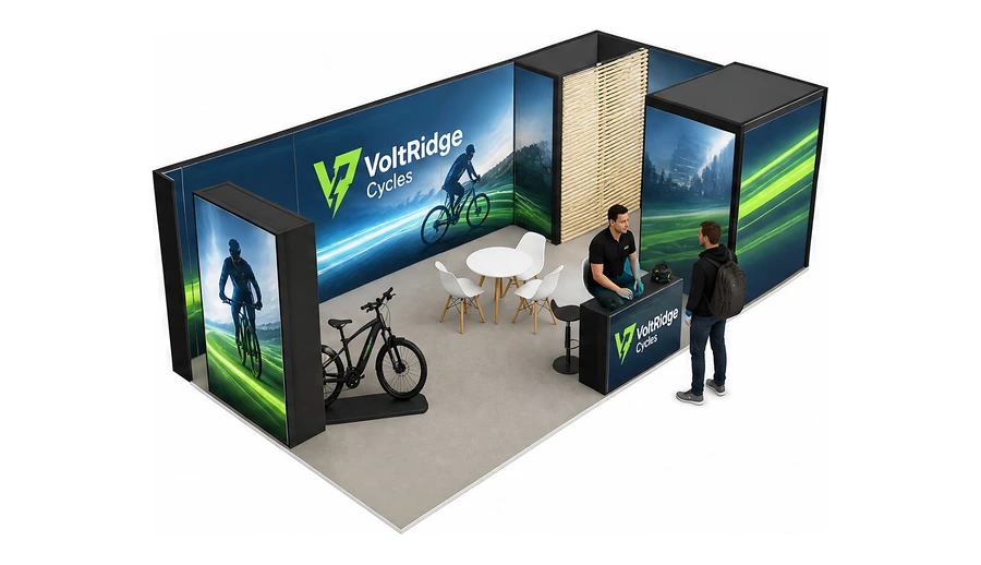 Stoisko 8 × 4 m narożne prawe dla branży rowery elektryczne, przykładowa marka VoltRidge Cycles