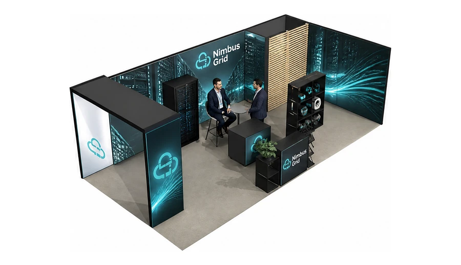 Stoisko 8 × 4 m narożne prawe dla branży infrastruktura IT i data center, przykładowa marka Nimbus Grid