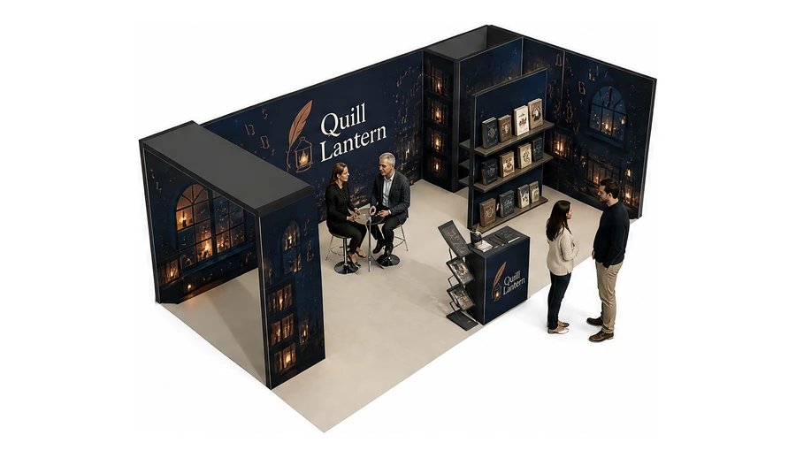 Stoisko 8 × 4 m narożne prawe dla branży wydawnictwa, przykładowa marka Quill Lantern