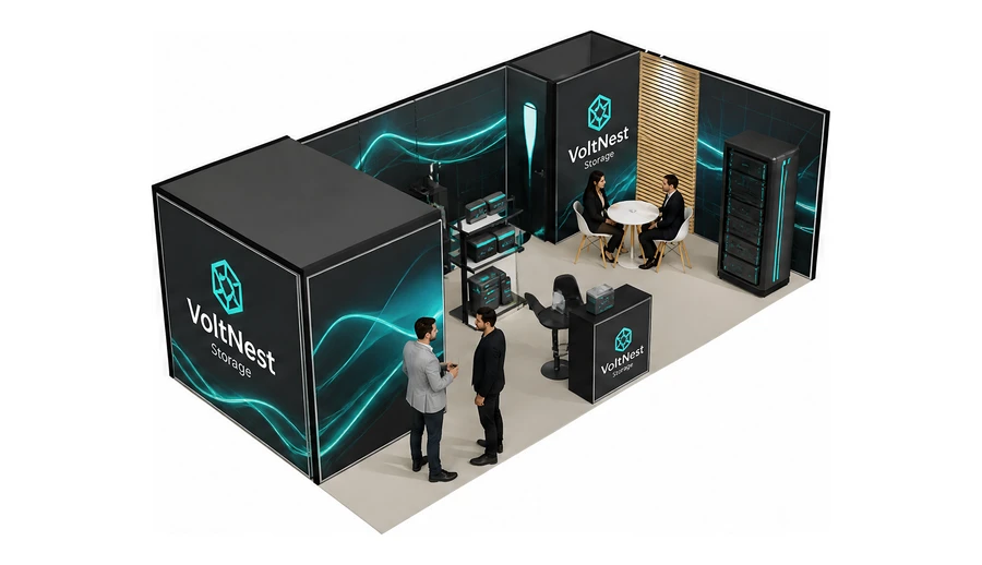 Stoisko 8 × 4 m narożne prawe dla branży magazyny energii, przykładowa marka VoltNest Storage
