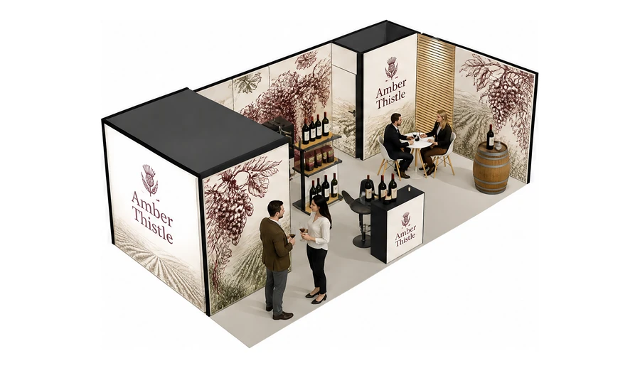 Stoisko 8 × 4 m narożne prawe dla branży winnica, przykładowa marka Amber Thistle