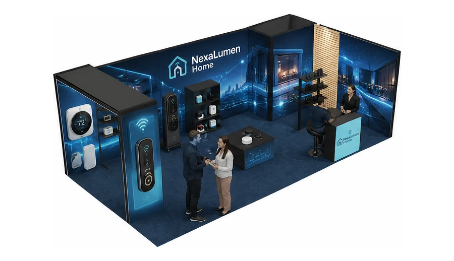 Stoisko 8 × 4 m narożne prawe dla branży smart home i IoT, przykładowa marka NexaLumen Home