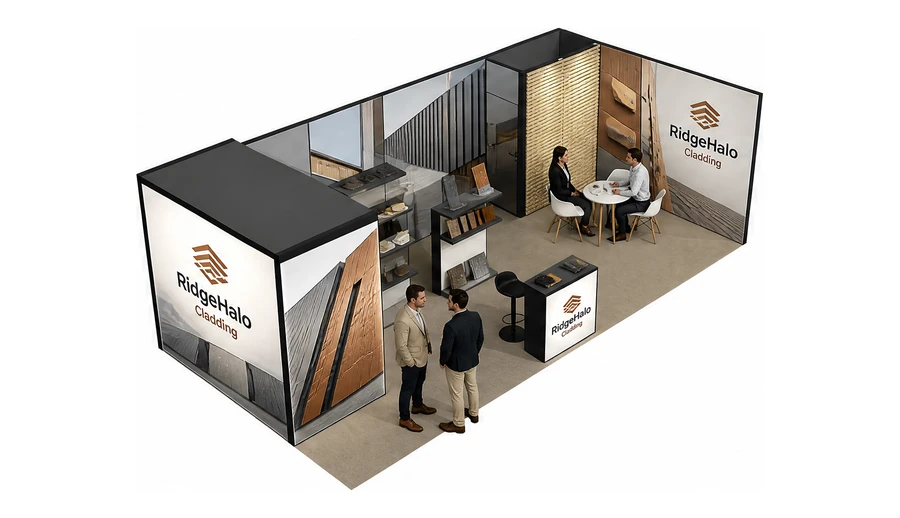 Stoisko 8 × 4 m narożne prawe dla branży dachy i elewacje, przykładowa marka RidgeHalo Cladding