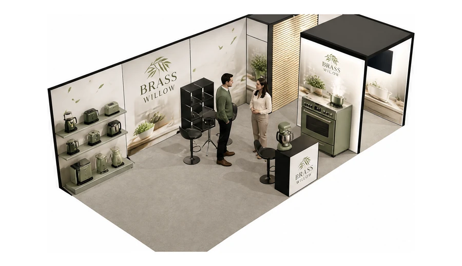 Stoisko 8 × 4 m narożne prawe dla branży sprzęt kuchenny i AGD, przykładowa marka Brass Willow