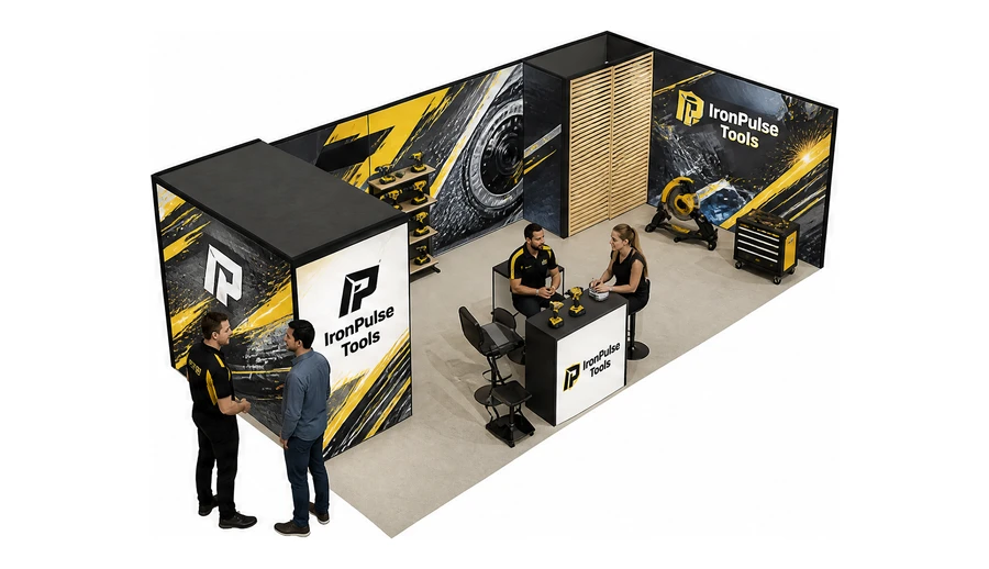 Stoisko 8 × 4 m narożne prawe dla branży elektronarzędzia, przykładowa marka IronPulse Tools