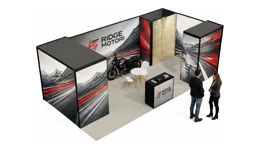 Stoisko 8 × 4 m narożne prawe dla branży motocykle i skutery, przykładowa marka Ridge Motori