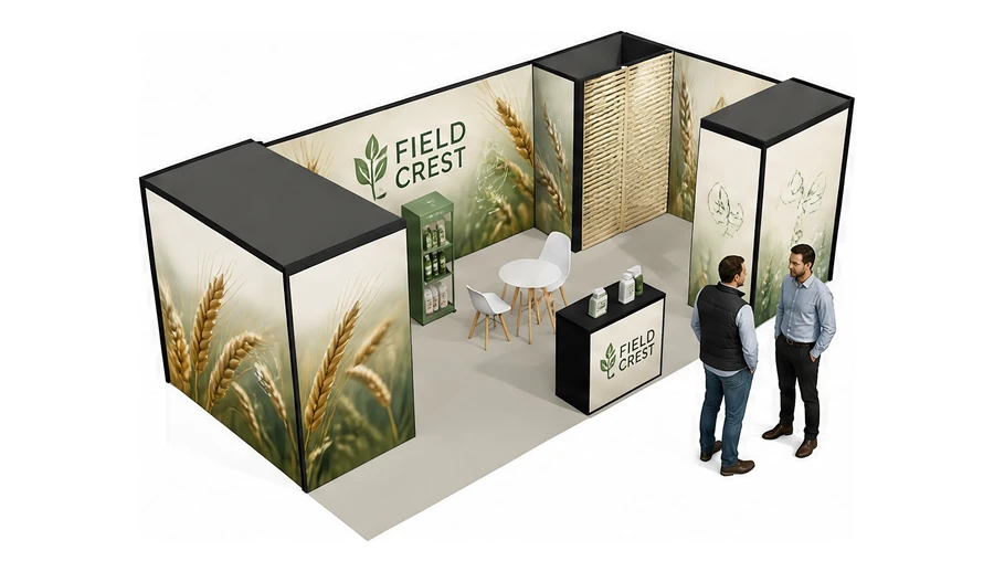 Stoisko 8 × 4 m narożne prawe dla branży nawozy i ochrona roślin, przykładowa marka Field Crest