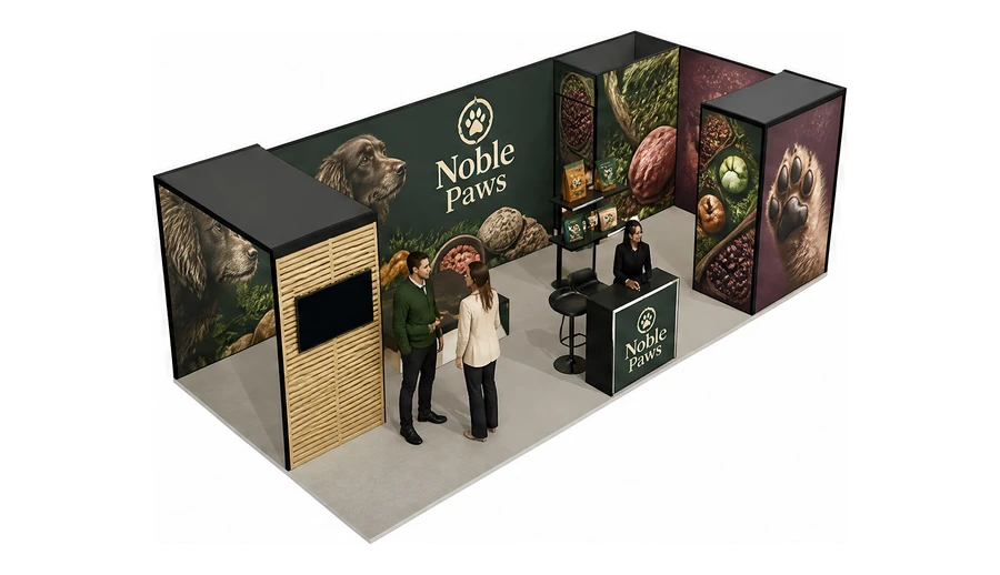 Stoisko 8 × 4 m narożne prawe dla branży karma dla zwierząt, przykładowa marka Noble Paws