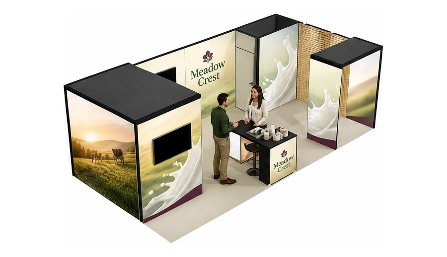 Stoisko 8 × 4 m narożne prawe dla branży nabiał i mleczarstwo, przykładowa marka Meadow Crest