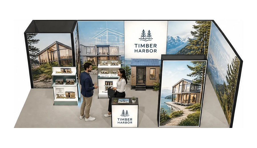 Stoisko 8 × 4 m narożne prawe dla branży domy modułowe i prefabrykacja, przykładowa marka Timber Harbor