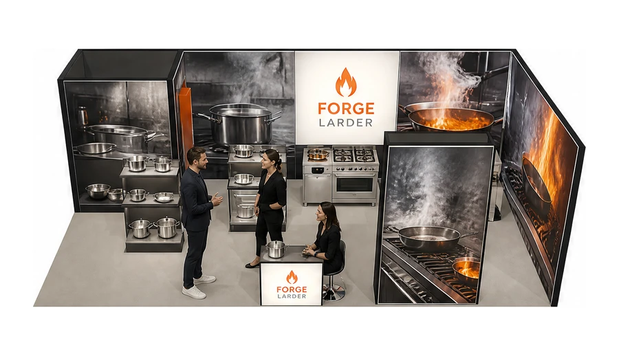 Stoisko 8 × 4 m narożne prawe dla branży wyposażenie gastronomii, przykładowa marka Forge Larder
