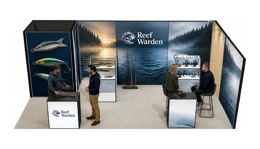 Stoisko 8 × 4 m narożne prawe dla branży wędkarstwo, przykładowa marka Reef Warden