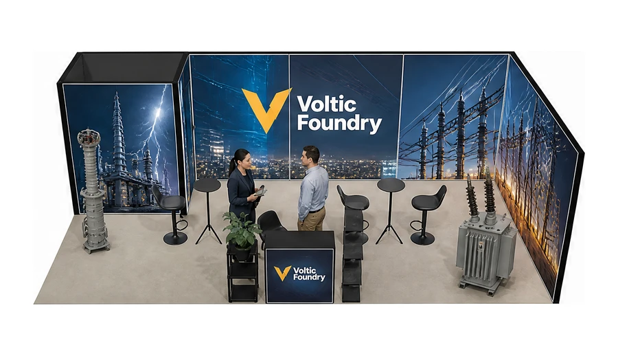 Stoisko 8 × 4 m narożne prawe dla branży energetyka i sieci, przykładowa marka Voltic Foundry