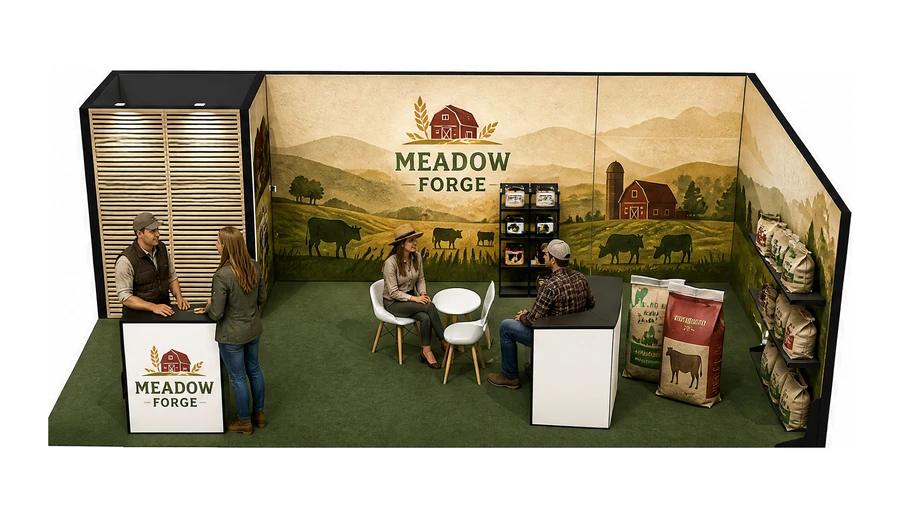 Stoisko 8 × 4 m narożne prawe dla branży hodowla i pasze, przykładowa marka Meadow Forge