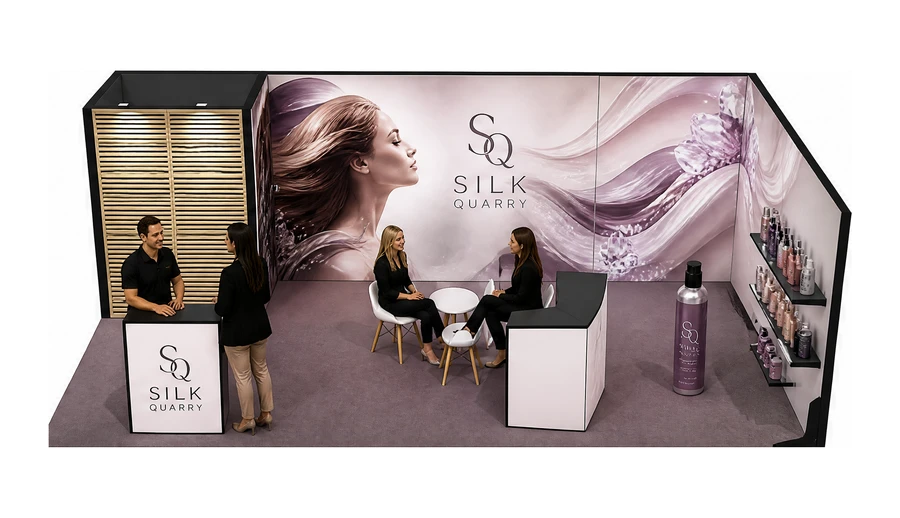 Stoisko 8 × 4 m narożne prawe dla branży fryzjerstwo i salony beauty, przykładowa marka Silk Quarry