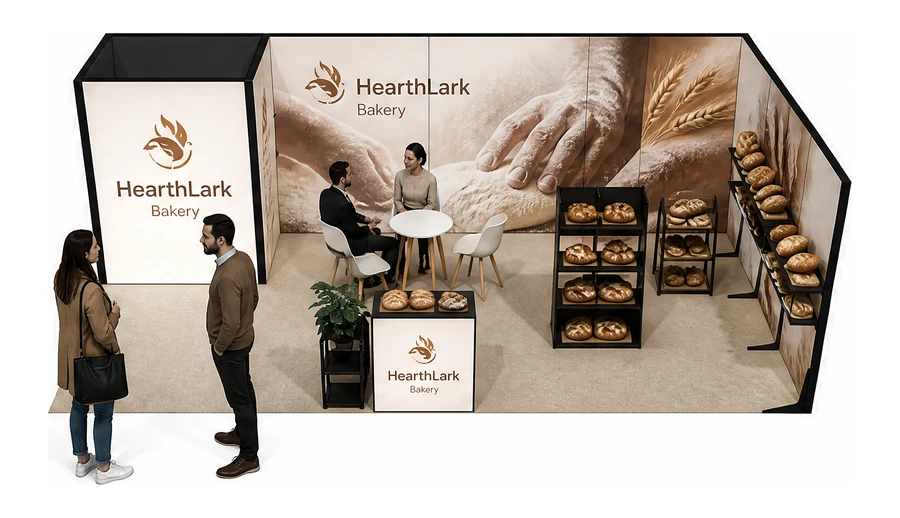 Stoisko 8 × 4 m narożne prawe dla branży piekarnictwo i cukiernictwo, przykładowa marka HearthLark Bakery