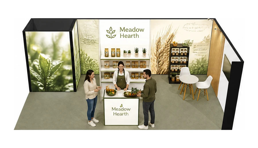 Stoisko 8 × 4 m narożne prawe dla branży żywność ekologiczna, przykładowa marka Meadow Hearth