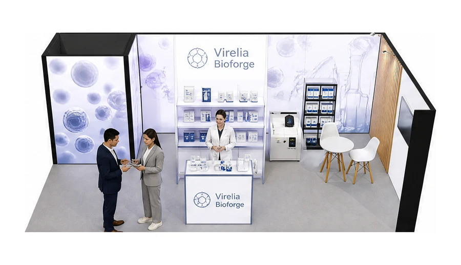 Stoisko 8 × 4 m narożne prawe dla branży farmacja i biotechnologia, przykładowa marka Virelia Bioforge