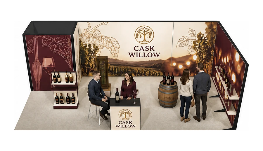 Stoisko 8 × 4 m narożne prawe dla branży winnica, przykładowa marka Cask Willow