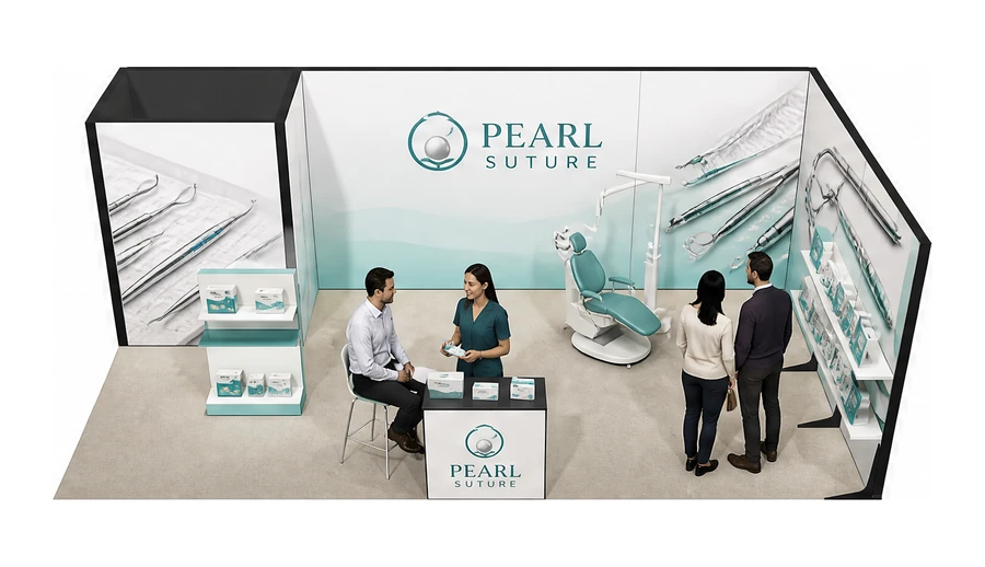 Stoisko 8 × 4 m narożne prawe dla branży stomatologia, przykładowa marka Pearl Suture