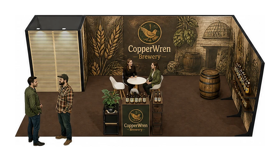 Stoisko 8 × 4 m narożne prawe dla branży browar rzemieślniczy, przykładowa marka CopperWren Brewery