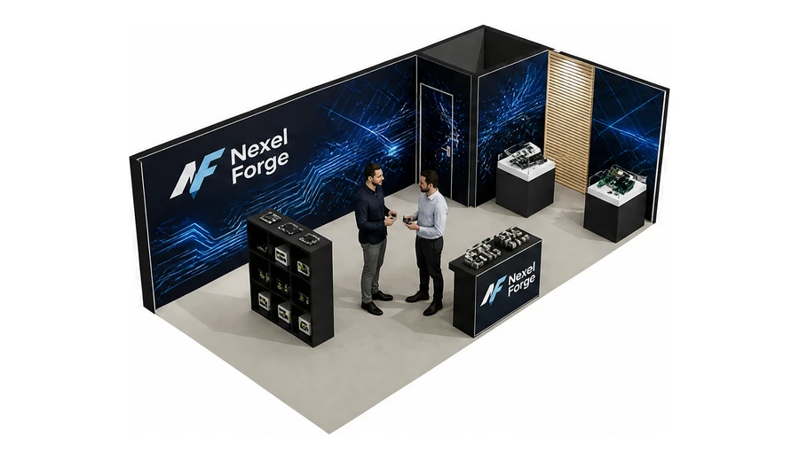 Stoisko 8 × 4 m narożne prawe dla branży komponenty elektroniczne, przykładowa marka Nexel Forge