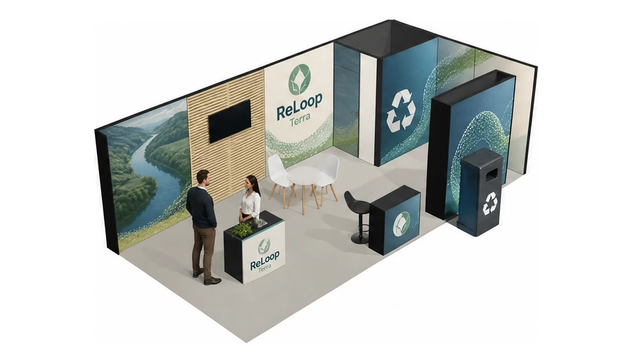 Stoisko 8 × 4 m narożne prawe dla branży recykling i ochrona środowiska, przykładowa marka ReLoop Terra
