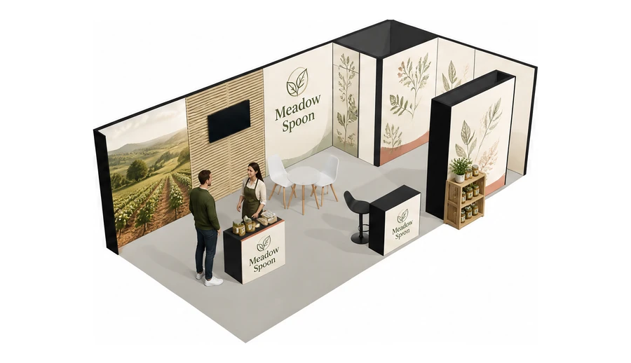 Stoisko 8 × 4 m narożne prawe dla branży żywność ekologiczna, przykładowa marka Meadow Spoon
