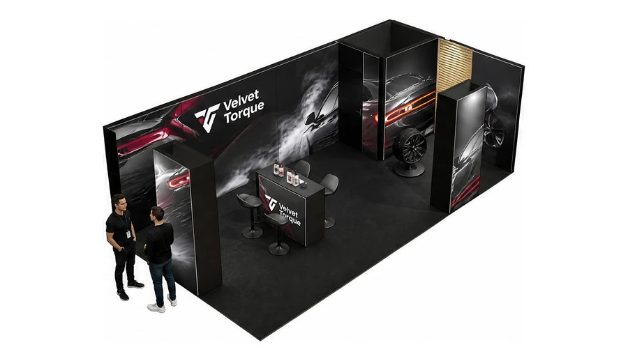 Stoisko 8 × 4 m narożne prawe dla branży tuning i detailing, przykładowa marka Velvet Torque