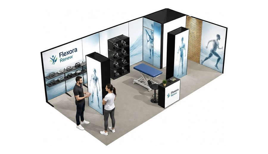 Stoisko 8 × 4 m narożne prawe dla branży rehabilitacja i fizjoterapia, przykładowa marka Flexora Renew