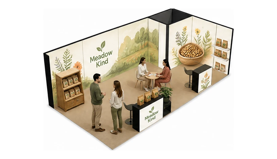 Stoisko 8 × 4 m narożne prawe dla branży żywność ekologiczna, przykładowa marka Meadow Kind