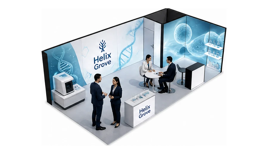 Stoisko 8 × 4 m narożne prawe dla branży farmacja i biotechnologia, przykładowa marka Helix Grove